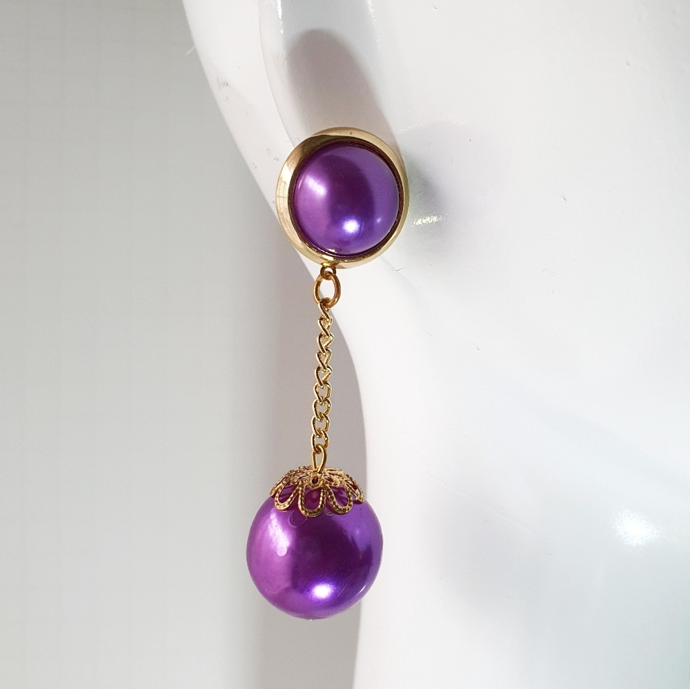 80's Purple Faux Pearls Ball Dangle Earings